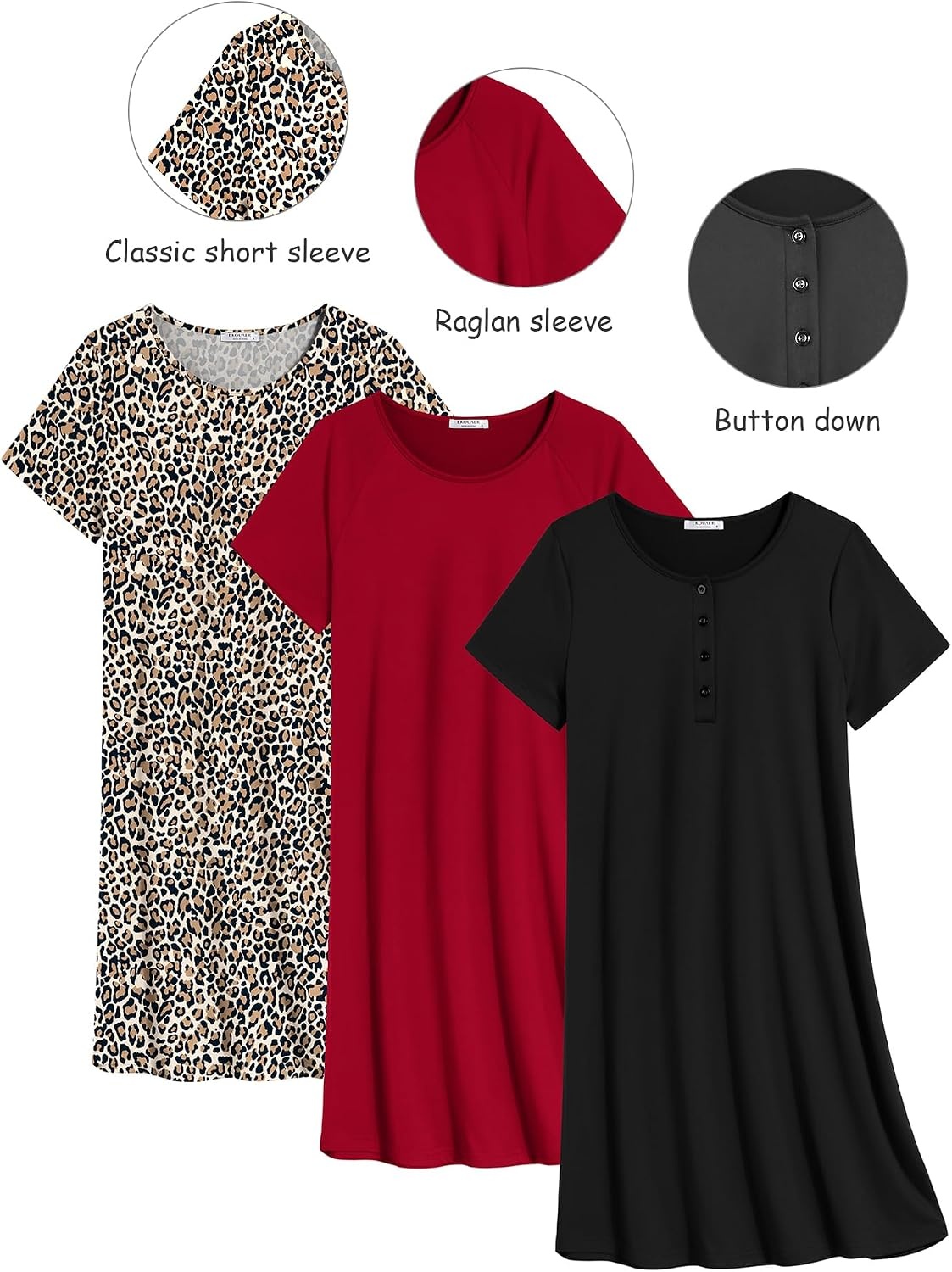 image:imageEkouaer 3 Pack Nightgowns for Women Short Sleeve Sleepshirt Night ShirtsBlackWine RedLeopard