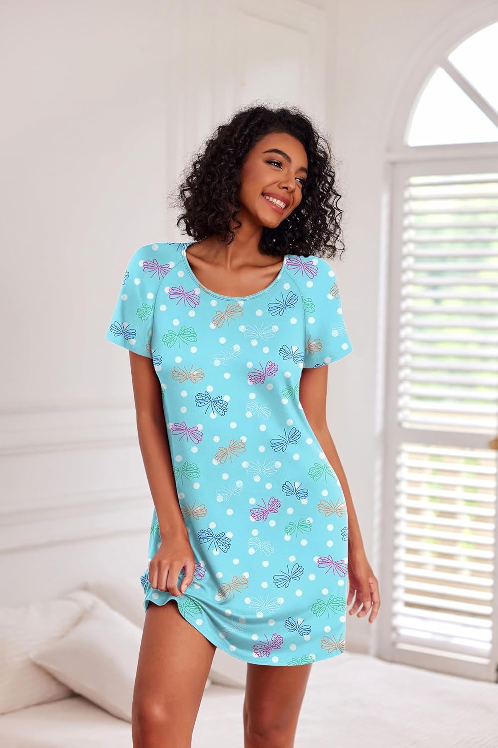 image:imageEkouaer 3 Pack Nightgowns for Women Short Sleeve Sleepshirt Night ShirtsBlue PrintCoffee CupPurple Stars
