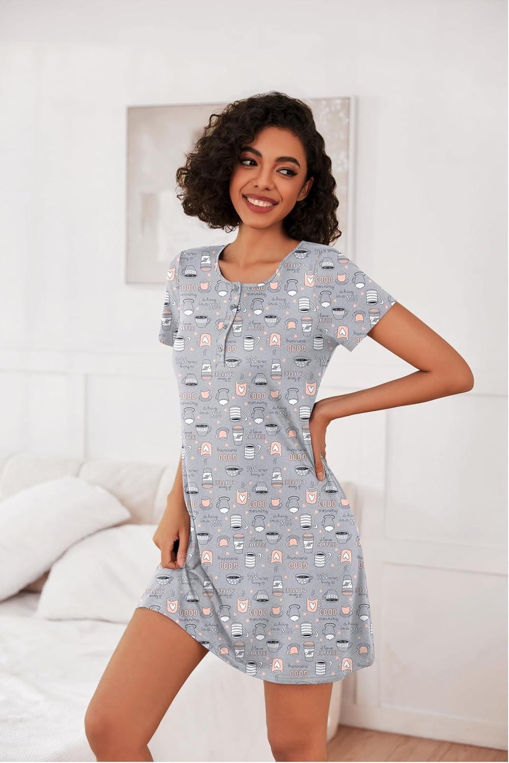 image:imageEkouaer 3 Pack Nightgowns for Women Short Sleeve Sleepshirt Night ShirtsBlue PrintCoffee CupPurple Stars
