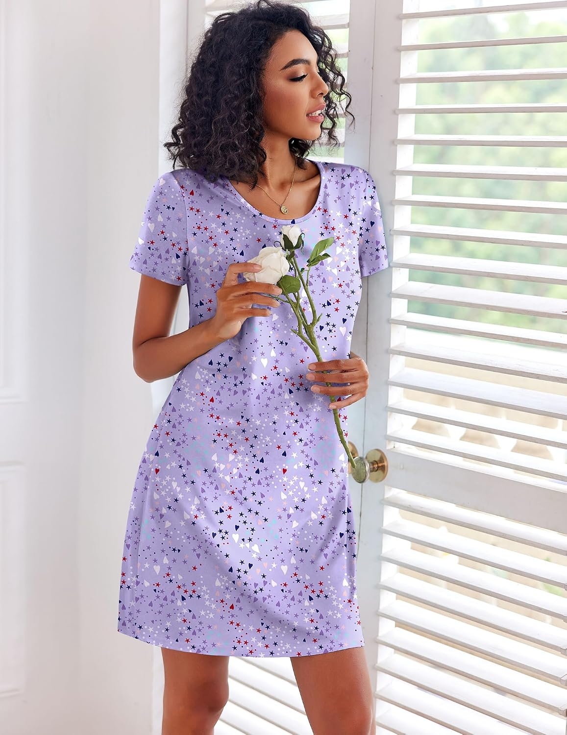 image:imageEkouaer 3 Pack Nightgowns for Women Short Sleeve Sleepshirt Night ShirtsBlue PrintCoffee CupPurple Stars