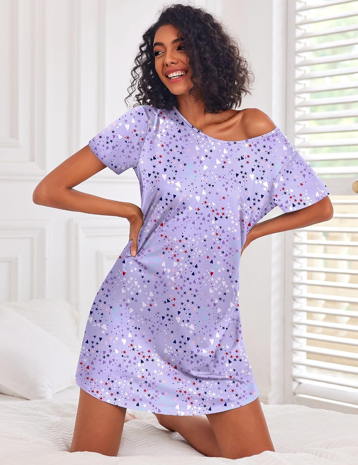 image:imageEkouaer 3 Pack Nightgowns for Women Short Sleeve Sleepshirt Night ShirtsBlue PrintCoffee CupPurple Stars
