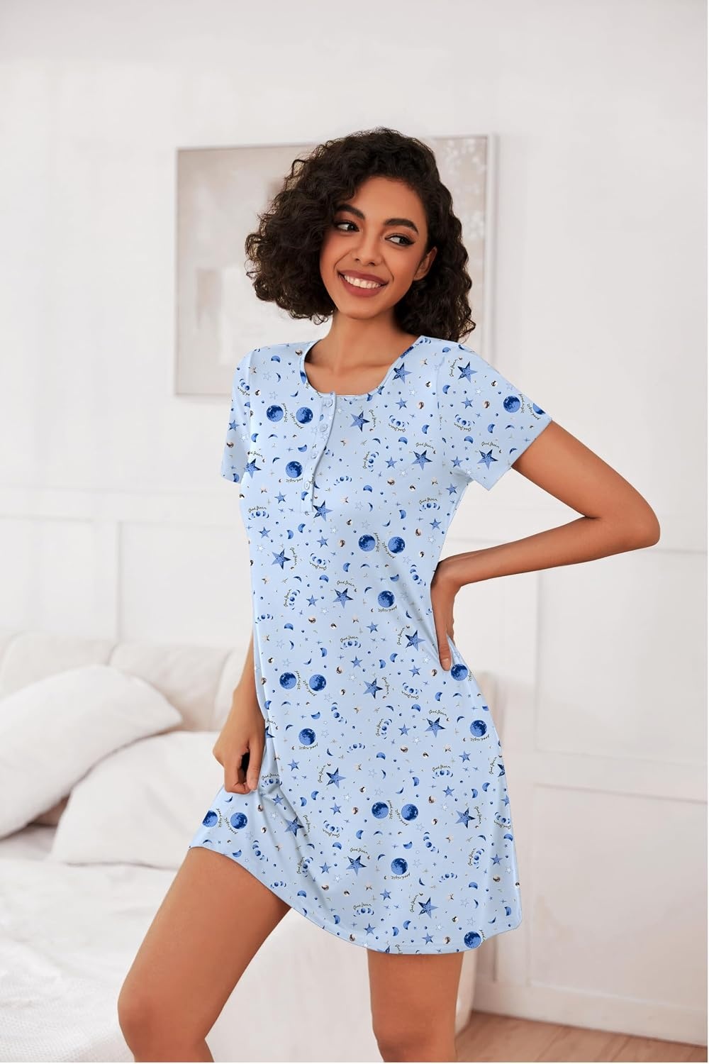 image:imageEkouaer 3 Pack Nightgowns for Women Short Sleeve Sleepshirt Night ShirtsBlue StarsPurple StarsPink Floral