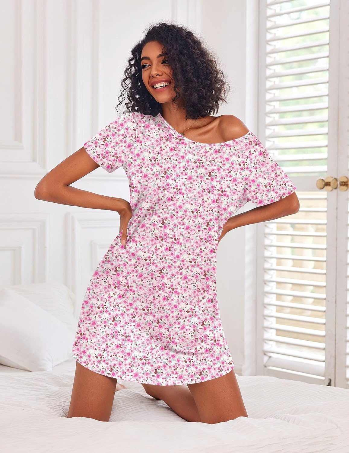 image:imageEkouaer 3 Pack Nightgowns for Women Short Sleeve Sleepshirt Night ShirtsBlue StarsPurple StarsPink Floral