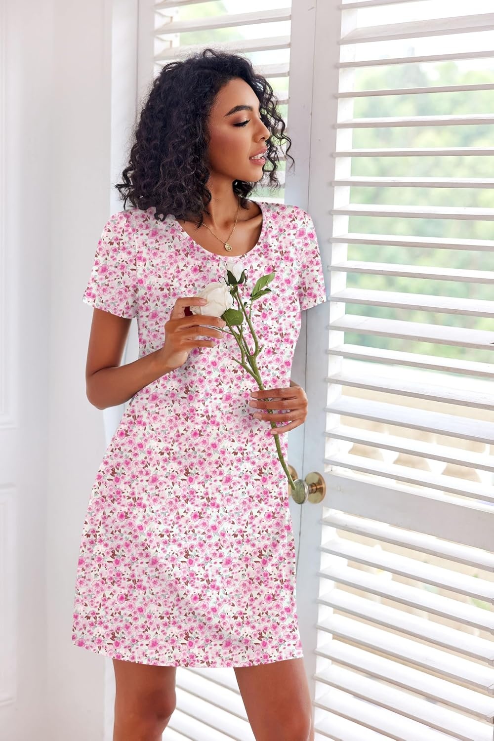 image:imageEkouaer 3 Pack Nightgowns for Women Short Sleeve Sleepshirt Night ShirtsBlue StarsPurple StarsPink Floral