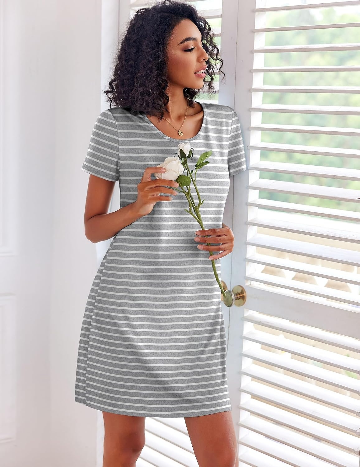 image:imageEkouaer 3 Pack Nightgowns for Women Short Sleeve Sleepshirt Night ShirtsNavyLeopard BrownLight Grey Stripe