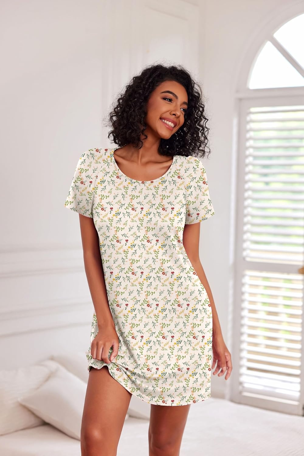 image:imageEkouaer 3 Pack Nightgowns for Women Short Sleeve Sleepshirt Night ShirtsPink FloralYellow FloralDog Footprints