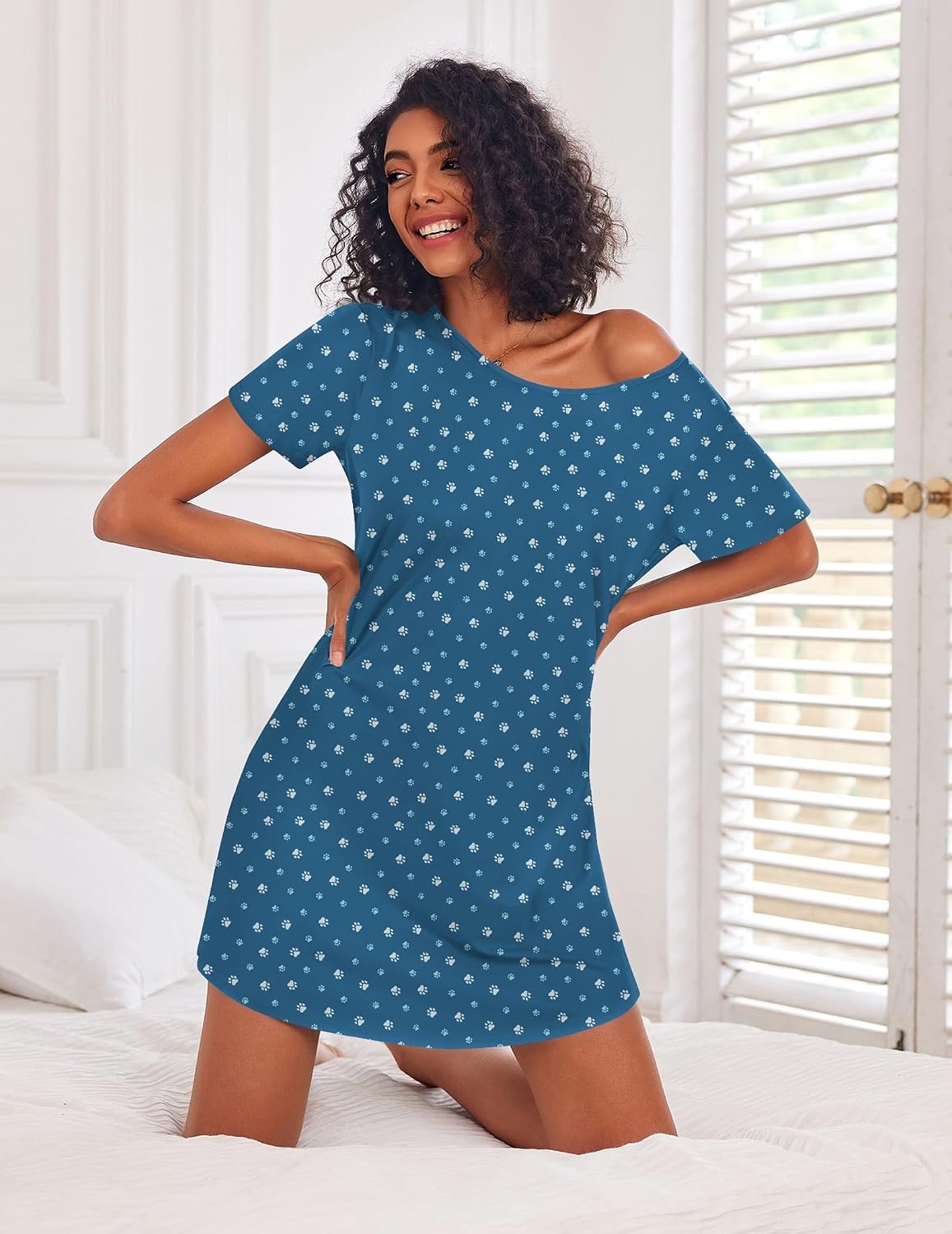 image:imageEkouaer 3 Pack Nightgowns for Women Short Sleeve Sleepshirt Night ShirtsPink FloralYellow FloralDog Footprints