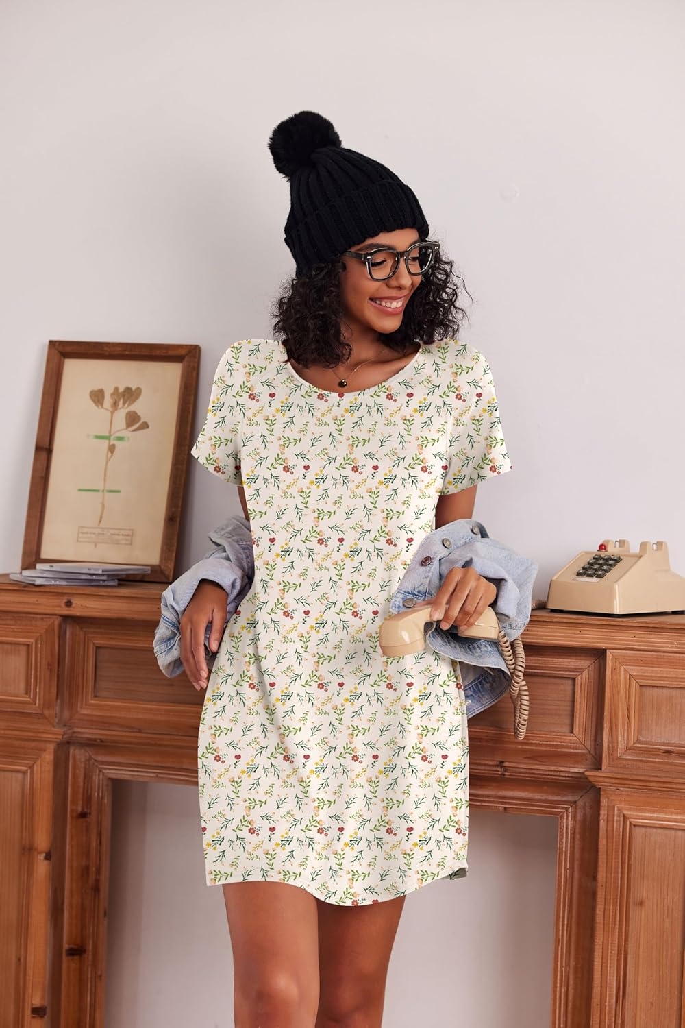 image:imageEkouaer 3 Pack Nightgowns for Women Short Sleeve Sleepshirt Night ShirtsPink FloralYellow FloralDog Footprints