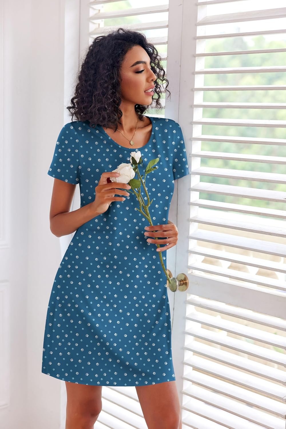 image:imageEkouaer 3 Pack Nightgowns for Women Short Sleeve Sleepshirt Night ShirtsPink FloralYellow FloralDog Footprints