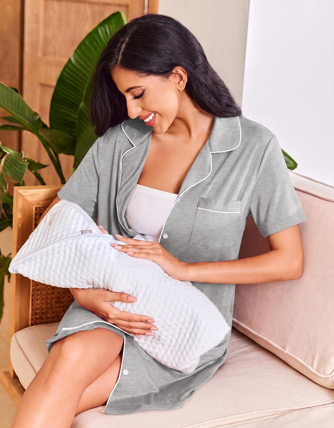image:imageEkouaer Nightgowns for Women Button Down Sleep Shirt Short Sleeve SleepwearLight Grey