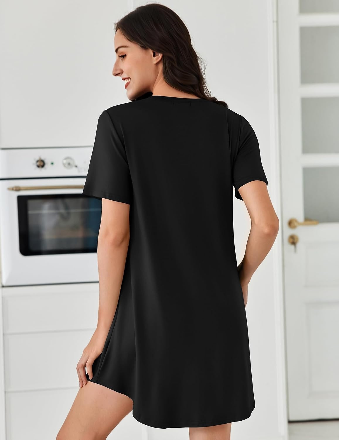 image:imageEkouaer Nightgowns for Women Pleated Nightshirts Short Sleeve SleepshirtsBlack