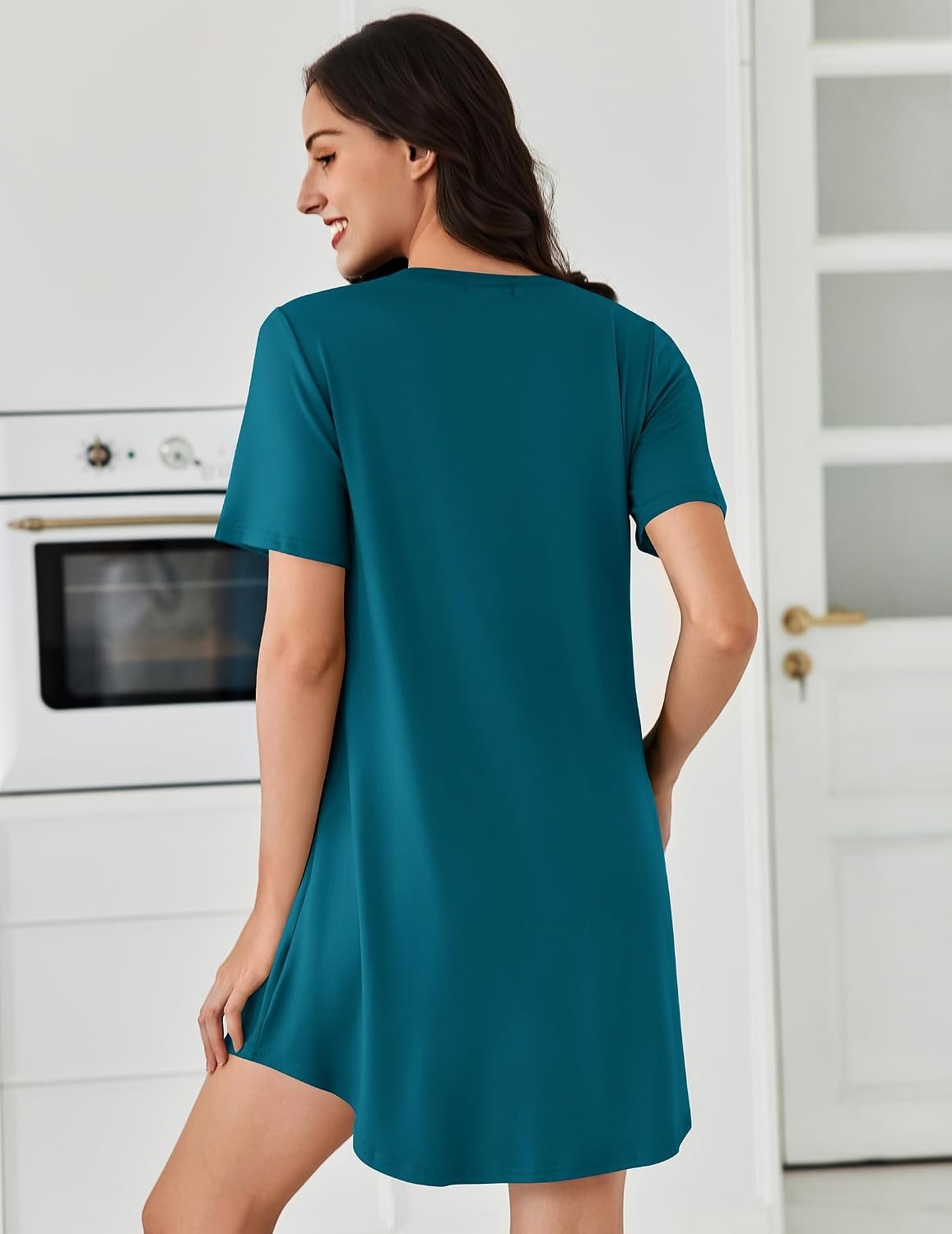 image:imageEkouaer Nightgowns for Women Pleated Nightshirts Short Sleeve SleepshirtsBlue Green