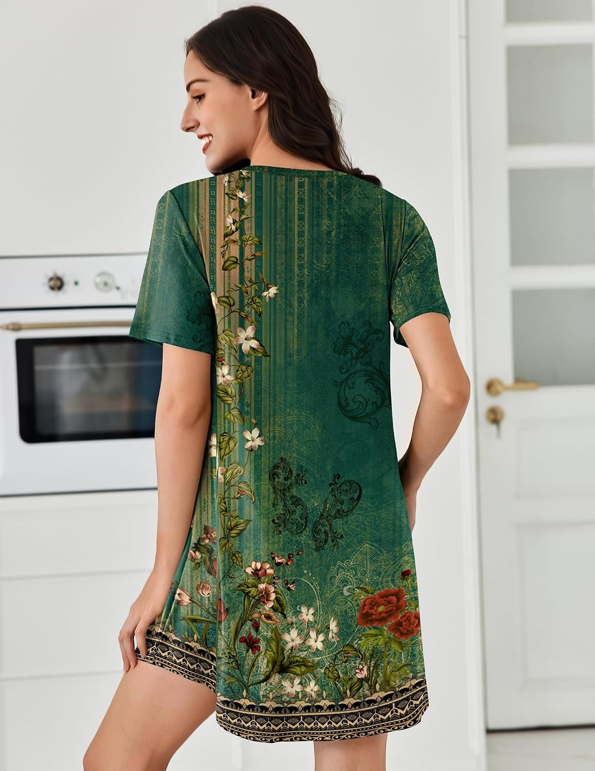 image:imageEkouaer Nightgowns for Women Pleated Nightshirts Short Sleeve SleepshirtsGreen Pea Floral