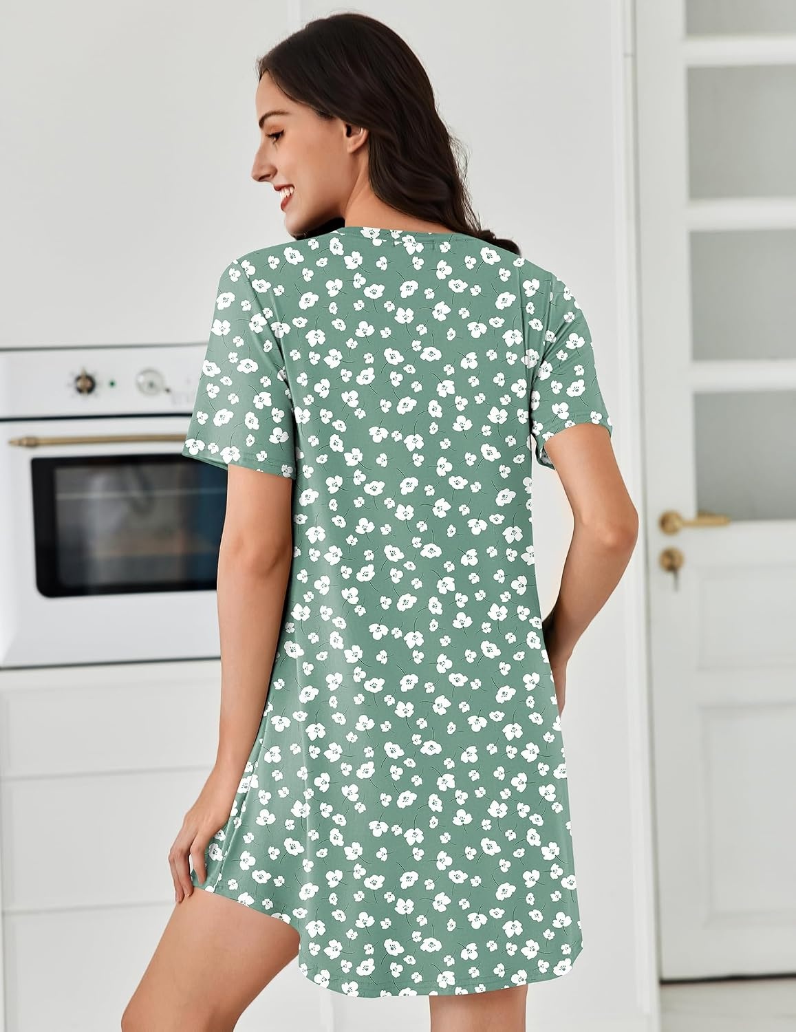 image:imageEkouaer Nightgowns for Women Pleated Nightshirts Short Sleeve SleepshirtsGreen White Florals