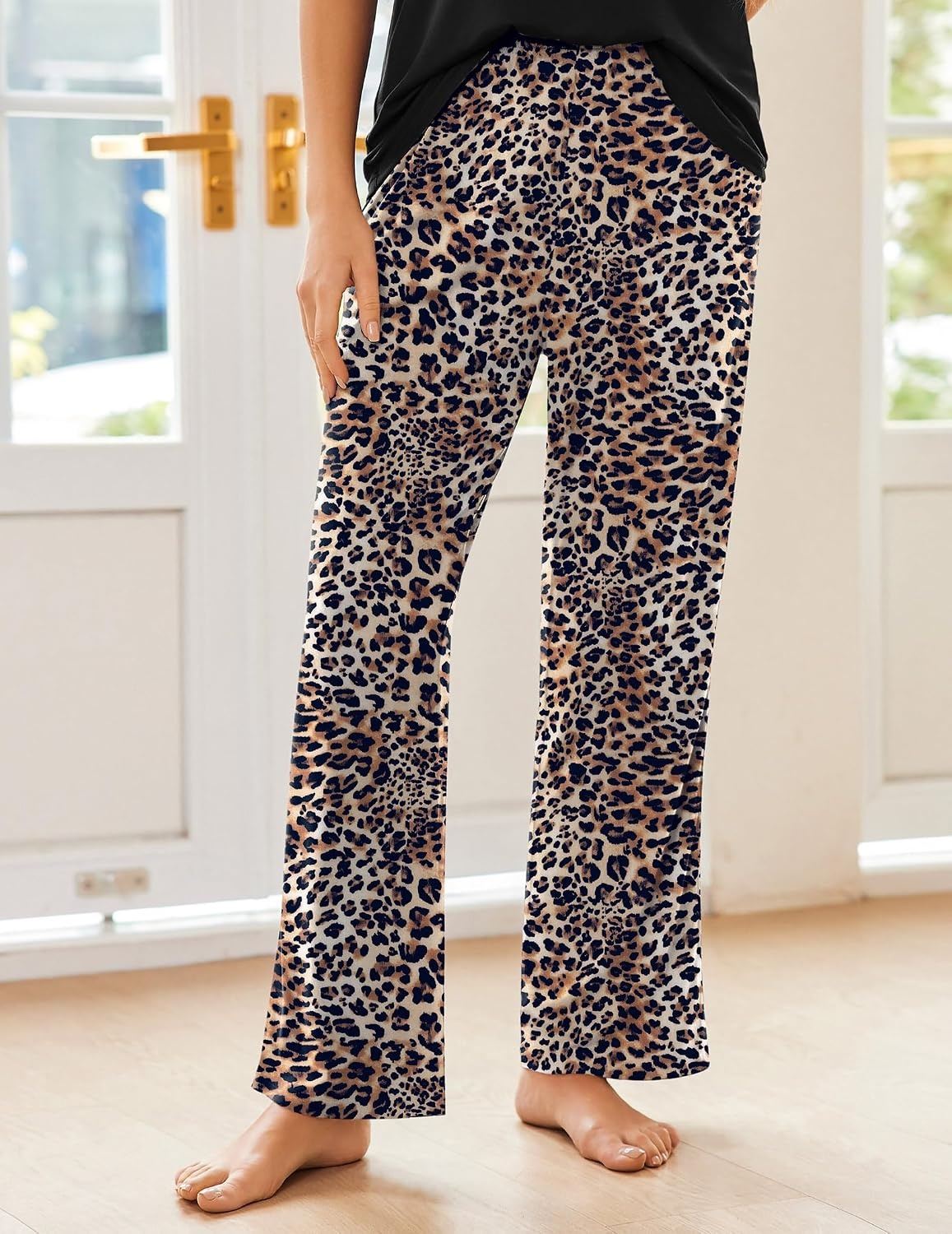 image:imageEkouaer Pajama Sets for Women 2 Piece Short Sleeve Pj V Neck Chest PocketBlack Cheetah
