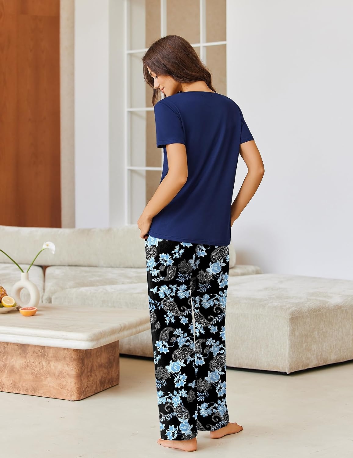 image:imageEkouaer Pajama Sets for Women 2 Piece Short Sleeve Pj V Neck Chest PocketBlack Navy Floral