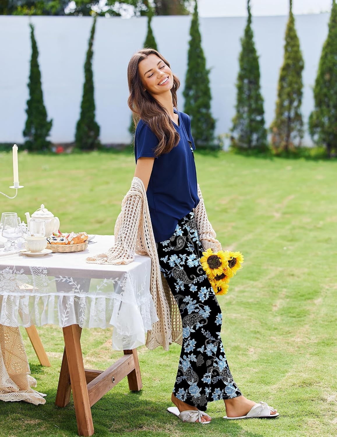 image:imageEkouaer Pajama Sets for Women 2 Piece Short Sleeve Pj V Neck Chest PocketBlack Navy Floral