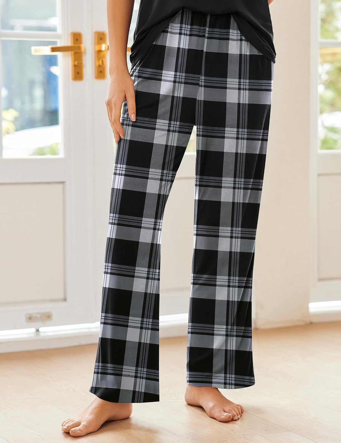 image:imageEkouaer Pajama Sets for Women 2 Piece Short Sleeve Pj V Neck Chest PocketBlack Plaid