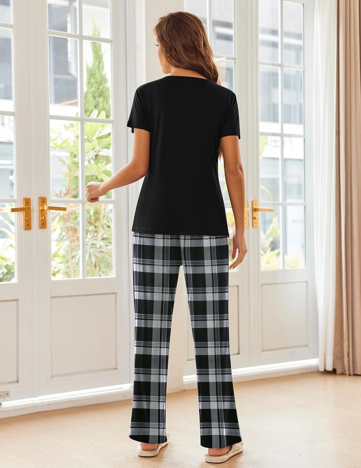 image:imageEkouaer Pajama Sets for Women 2 Piece Short Sleeve Pj V Neck Chest PocketBlack Plaid
