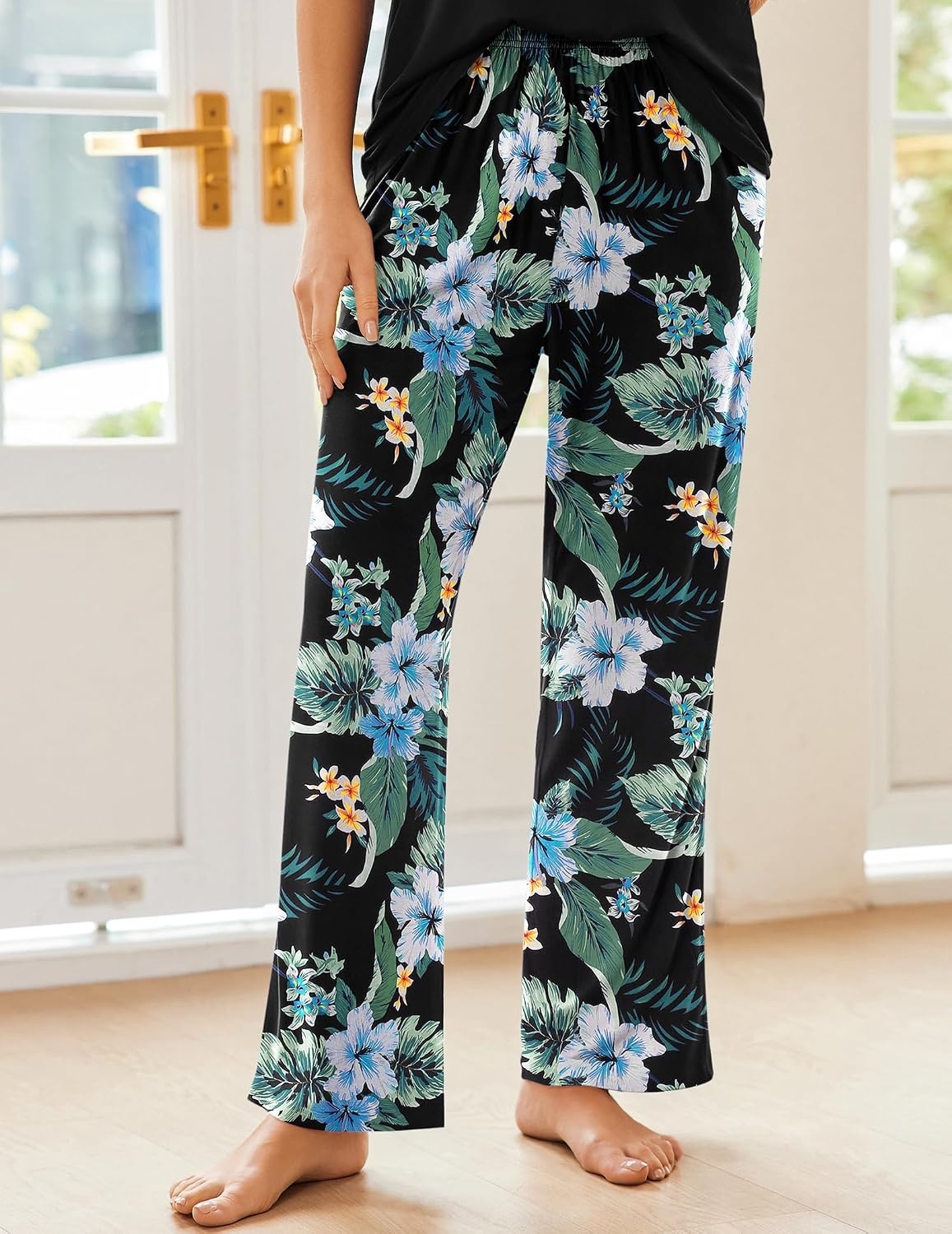 image:imageEkouaer Pajama Sets for Women 2 Piece Short Sleeve Pj V Neck Chest PocketBlackblue Flower