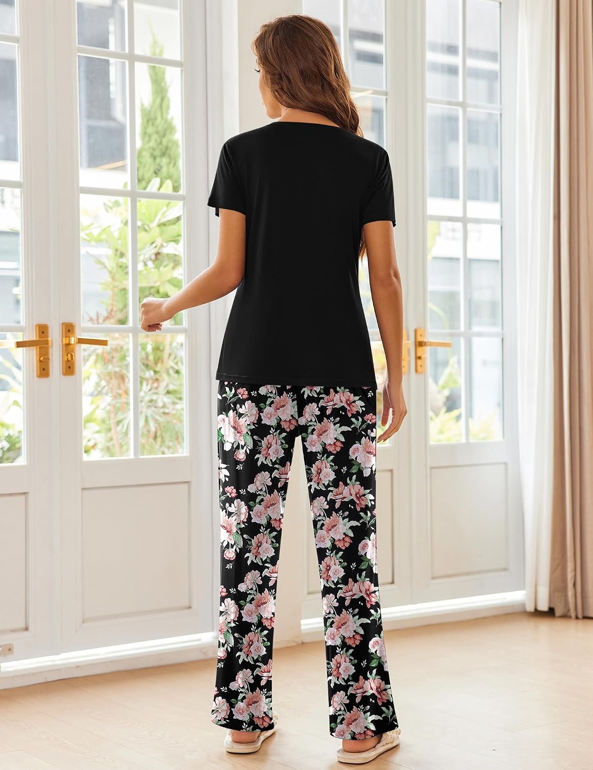 image:imageEkouaer Pajama Sets for Women 2 Piece Short Sleeve Pj V Neck Chest PocketBlackpink Flower