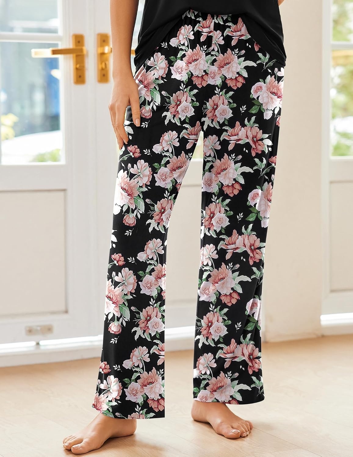 image:imageEkouaer Pajama Sets for Women 2 Piece Short Sleeve Pj V Neck Chest PocketBlackpink Flower