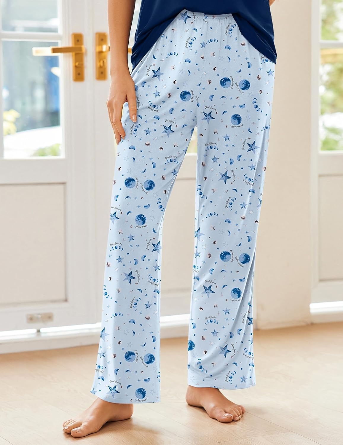 image:imageEkouaer Pajama Sets for Women 2 Piece Short Sleeve Pj V Neck Chest PocketBluenavy Star