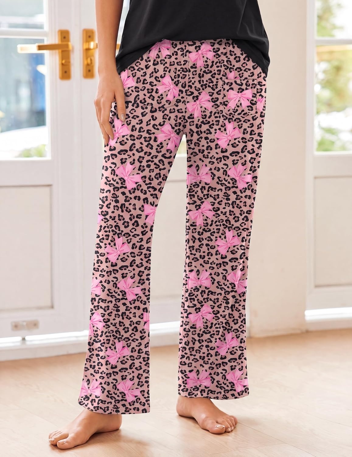 image:imageEkouaer Pajama Sets for Women 2 Piece Short Sleeve Pj V Neck Chest PocketCheetah Bow Tie