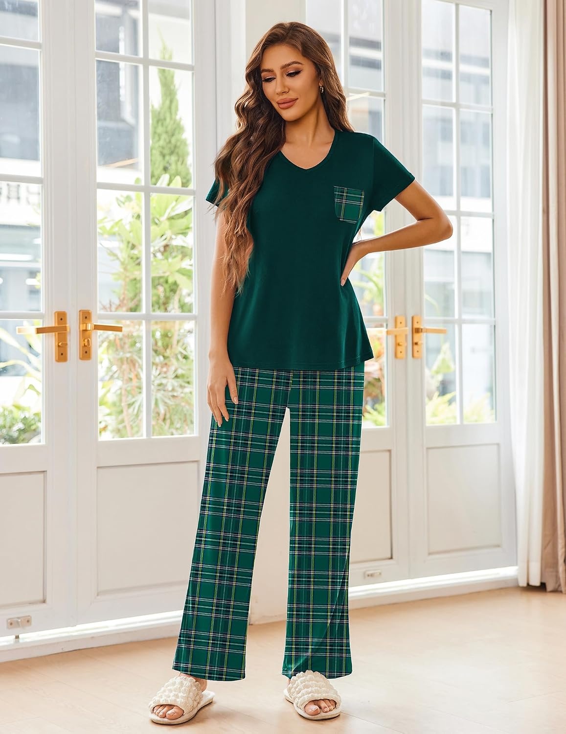 image:imageEkouaer Pajama Sets for Women 2 Piece Short Sleeve Pj V Neck Chest PocketGreen Plaid