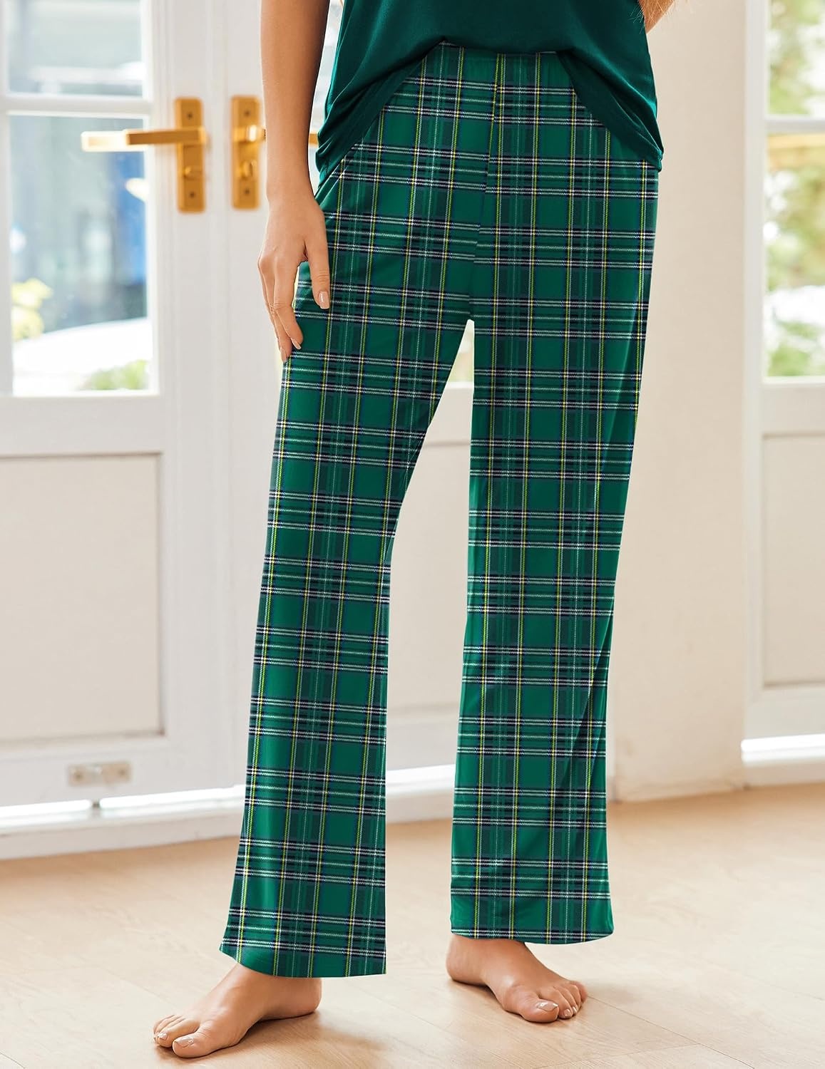 image:imageEkouaer Pajama Sets for Women 2 Piece Short Sleeve Pj V Neck Chest PocketGreen Plaid