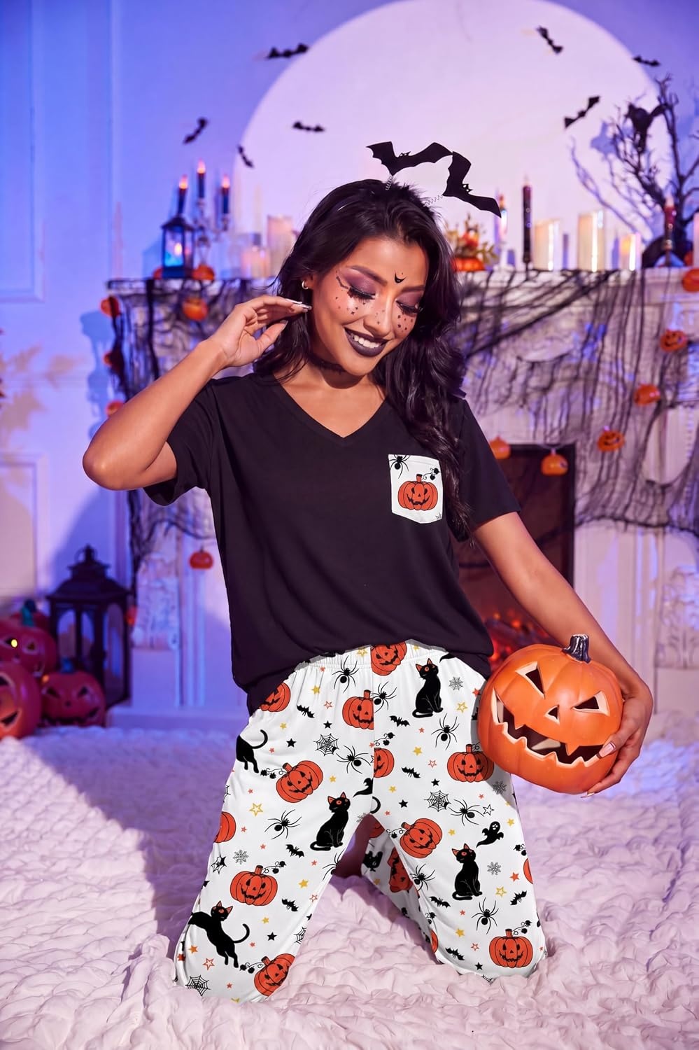 image:imageEkouaer Pajama Sets for Women 2 Piece Short Sleeve Pj V Neck Chest PocketHalloween Kitty