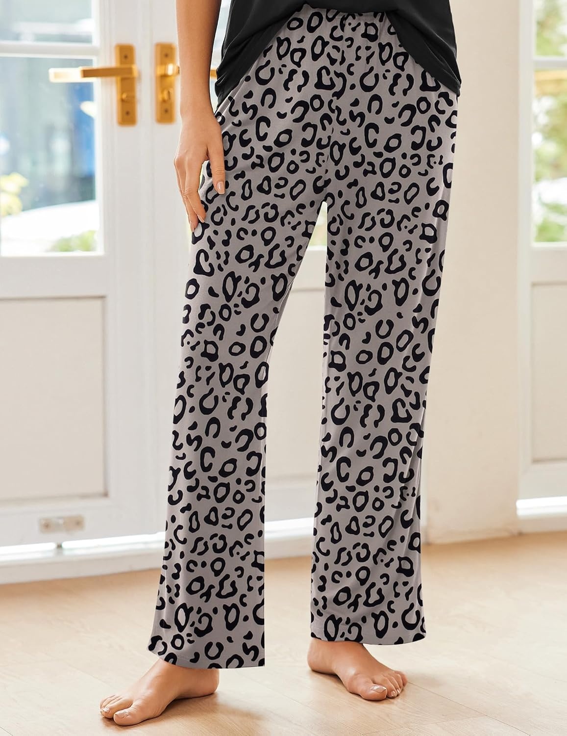 image:imageEkouaer Pajama Sets for Women 2 Piece Short Sleeve Pj V Neck Chest PocketLeopard Grey