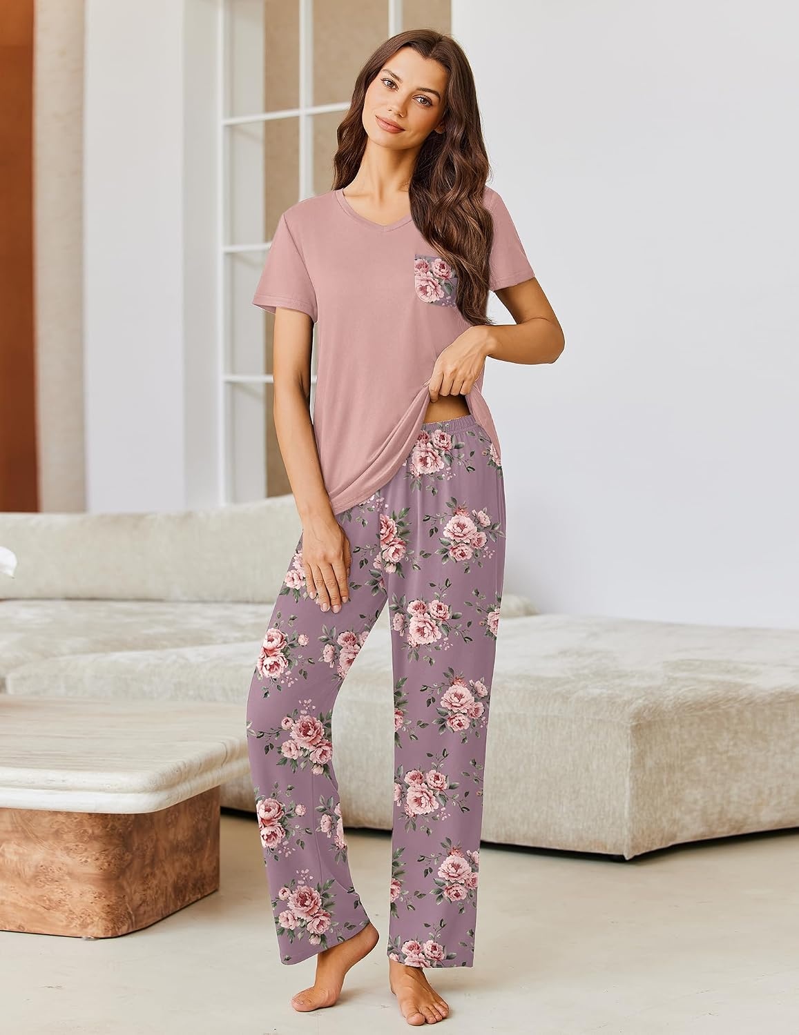 image:imageEkouaer Pajama Sets for Women 2 Piece Short Sleeve Pj V Neck Chest PocketMauve Floral