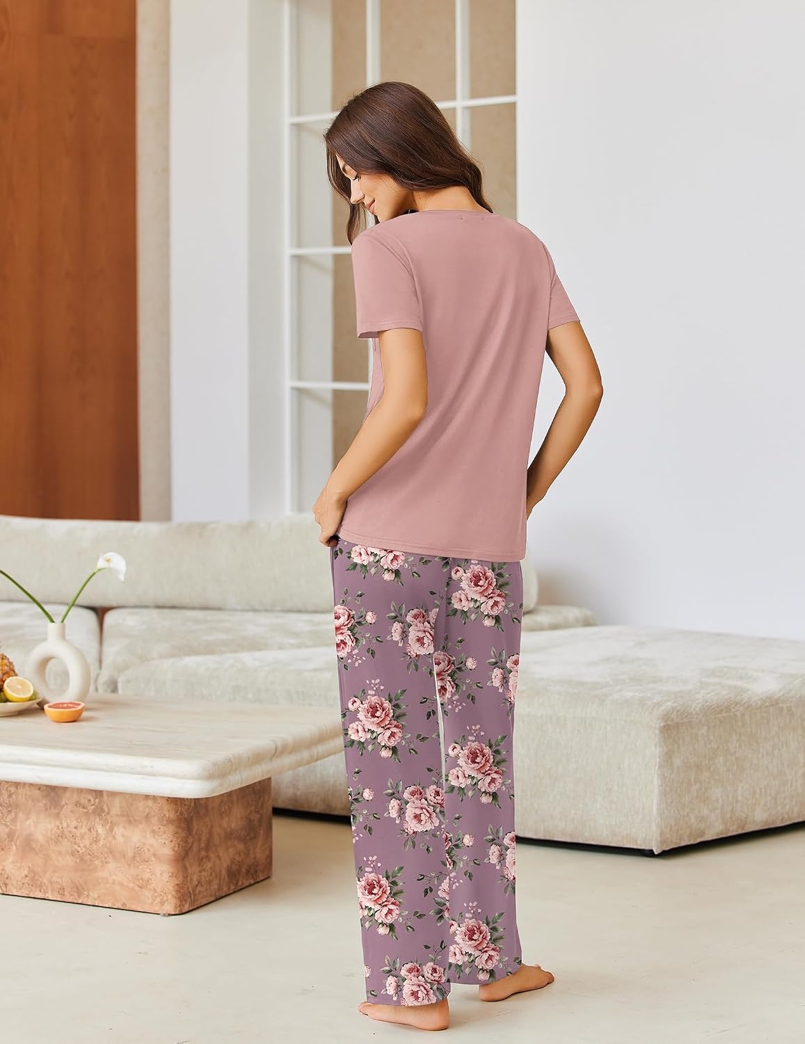 image:imageEkouaer Pajama Sets for Women 2 Piece Short Sleeve Pj V Neck Chest PocketMauve Floral