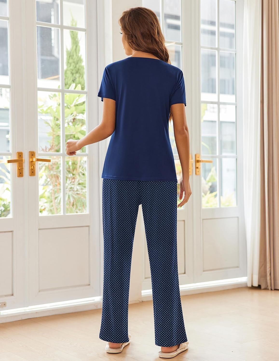 image:imageEkouaer Pajama Sets for Women 2 Piece Short Sleeve Pj V Neck Chest PocketNavy Dots