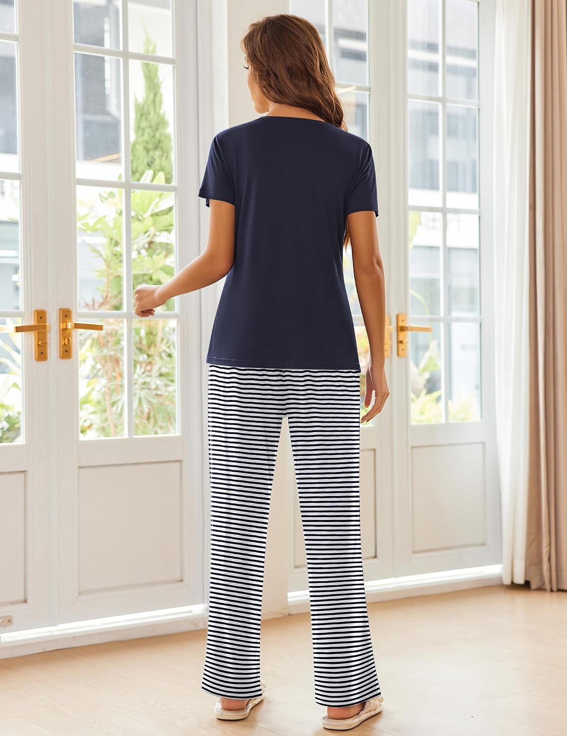 image:imageEkouaer Pajama Sets for Women 2 Piece Short Sleeve Pj V Neck Chest PocketNavy Striped