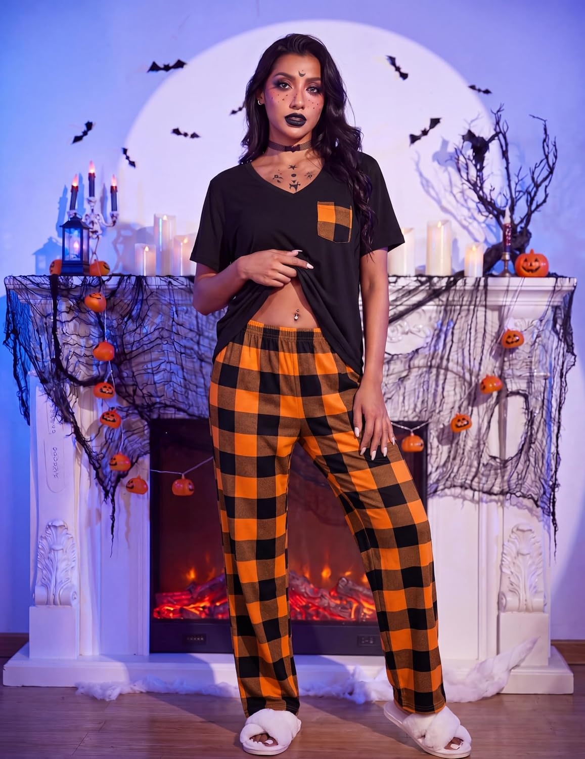 image:imageEkouaer Pajama Sets for Women 2 Piece Short Sleeve Pj V Neck Chest PocketOrange Plaid