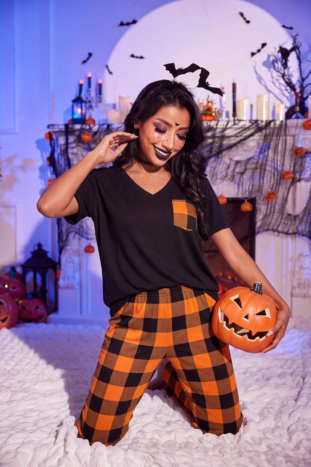 image:imageEkouaer Pajama Sets for Women 2 Piece Short Sleeve Pj V Neck Chest PocketOrange Plaid