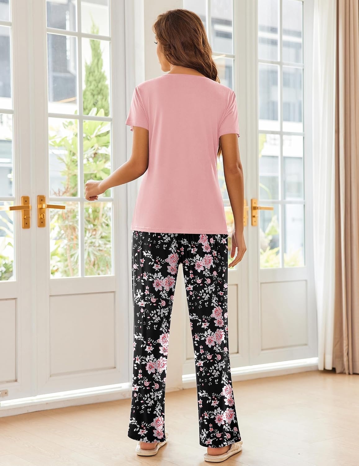 image:imageEkouaer Pajama Sets for Women 2 Piece Short Sleeve Pj V Neck Chest PocketPinkblack Flower