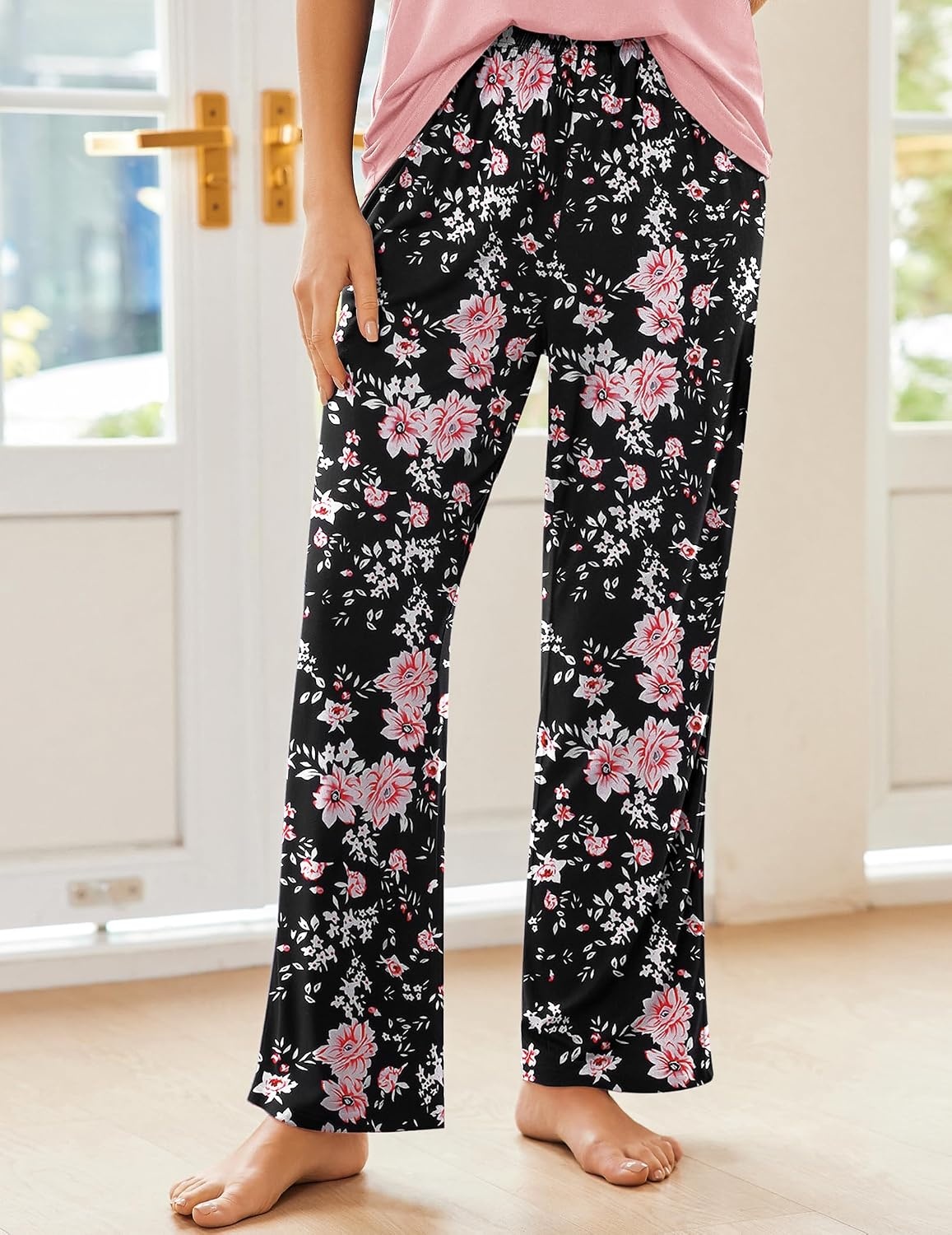 image:imageEkouaer Pajama Sets for Women 2 Piece Short Sleeve Pj V Neck Chest PocketPinkblack Flower