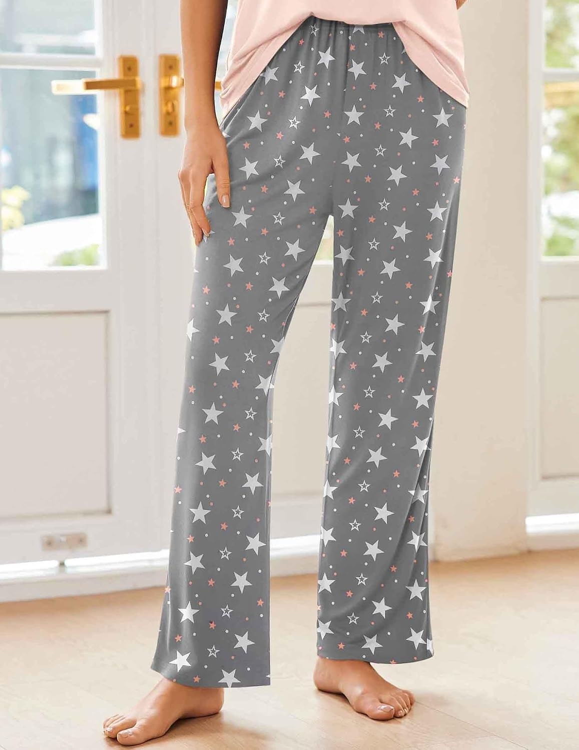 image:imageEkouaer Pajama Sets for Women 2 Piece Short Sleeve Pj V Neck Chest PocketPinkgrey Star