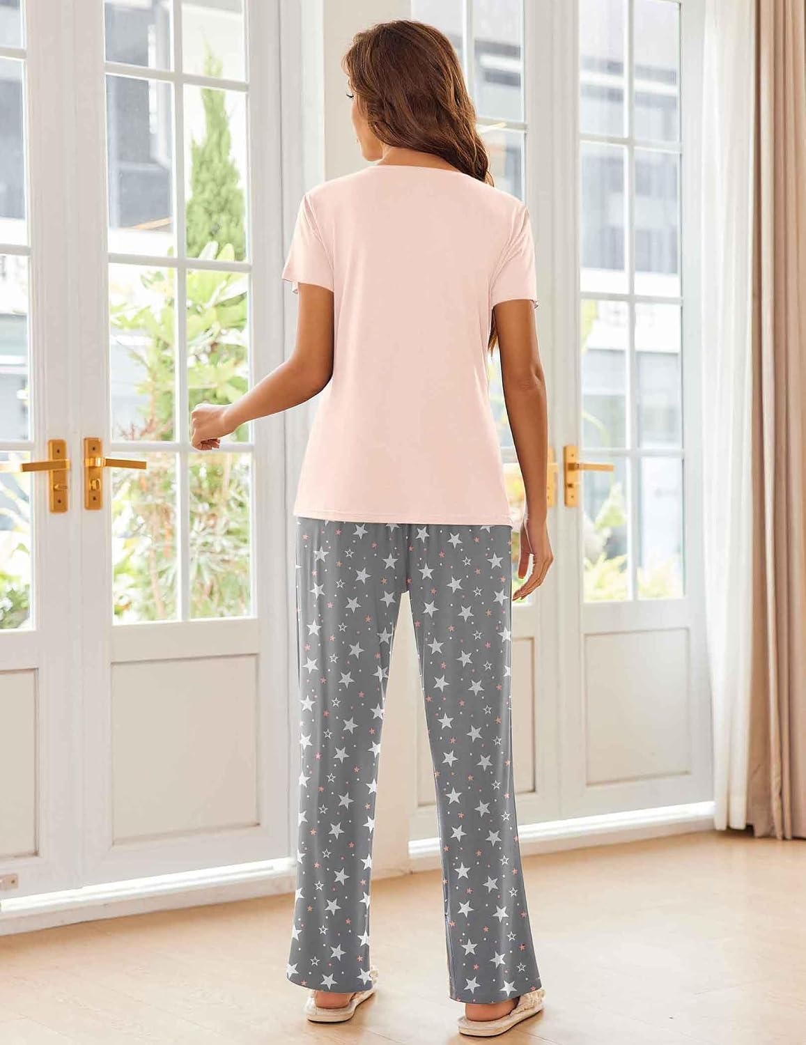 image:imageEkouaer Pajama Sets for Women 2 Piece Short Sleeve Pj V Neck Chest PocketPinkgrey Star