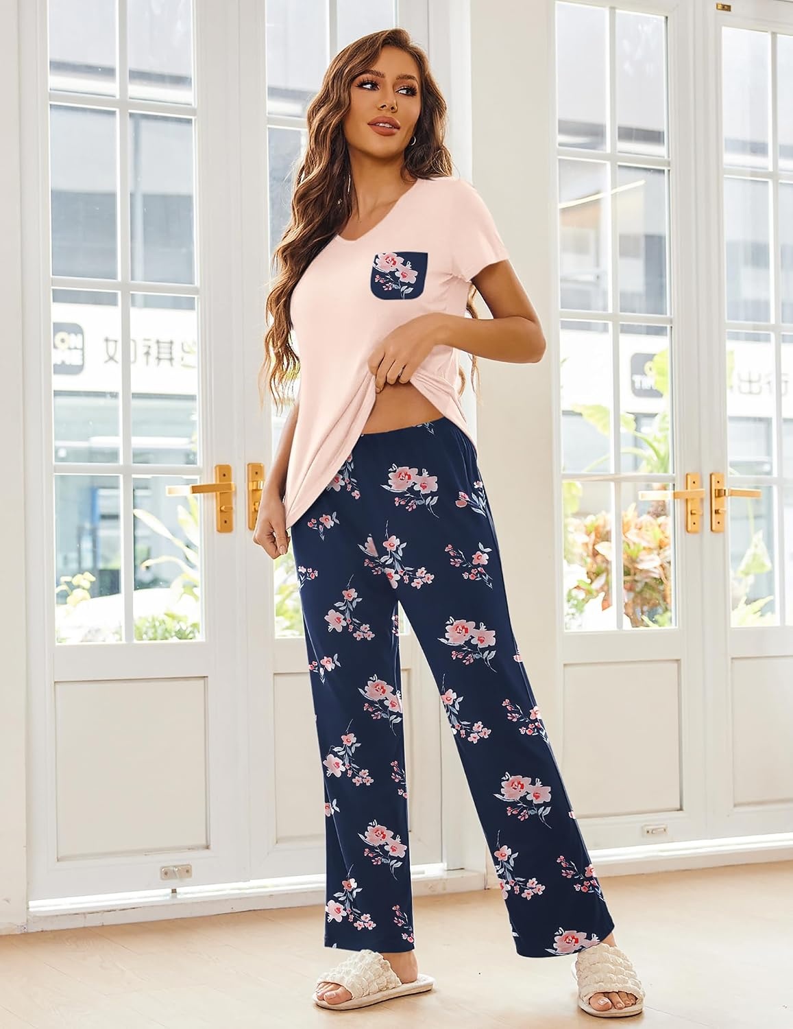 image:imageEkouaer Pajama Sets for Women 2 Piece Short Sleeve Pj V Neck Chest PocketPinknavy Flower