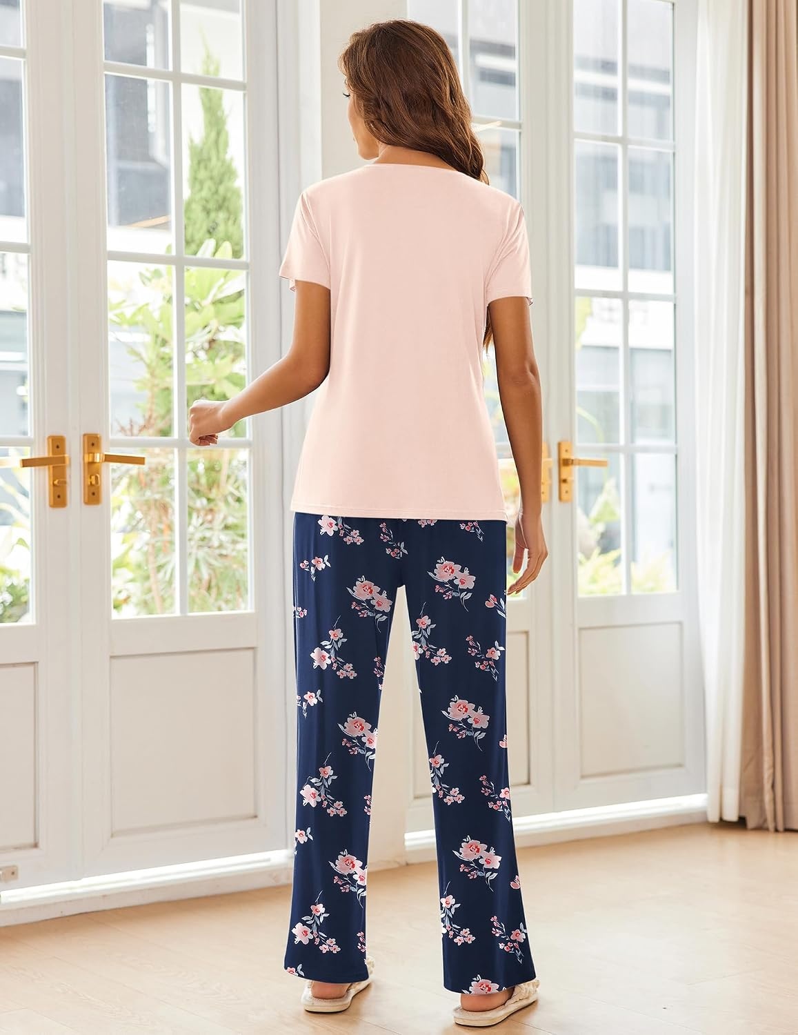 image:imageEkouaer Pajama Sets for Women 2 Piece Short Sleeve Pj V Neck Chest PocketPinknavy Flower