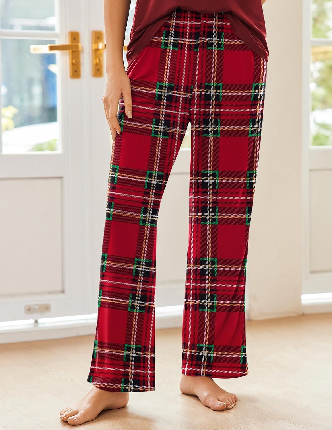 image:imageEkouaer Pajama Sets for Women 2 Piece Short Sleeve Pj V Neck Chest PocketRedgreen Plaid