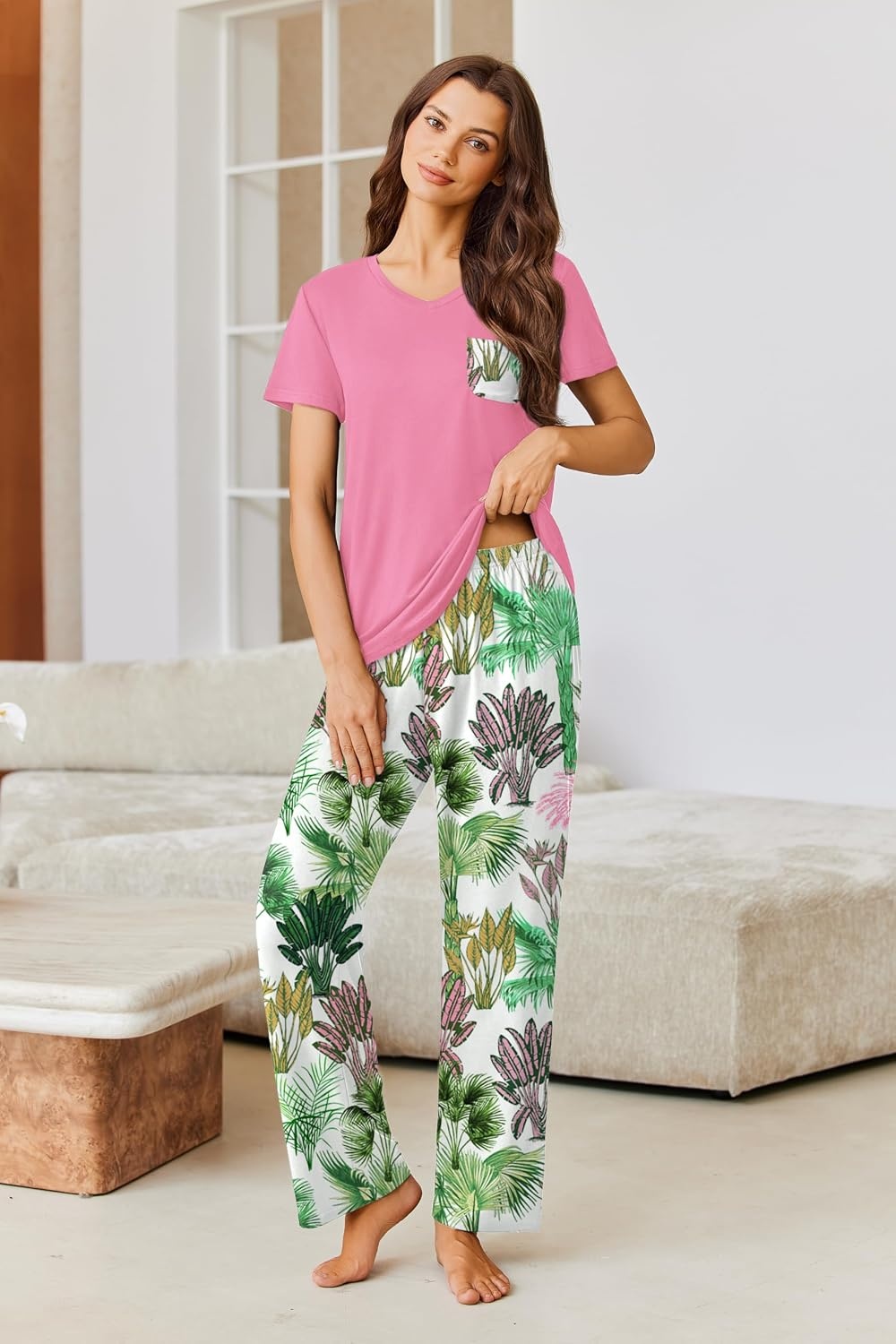 image:imageEkouaer Pajama Sets for Women 2 Piece Short Sleeve Pj V Neck Chest PocketRose Pink Palm Leaves