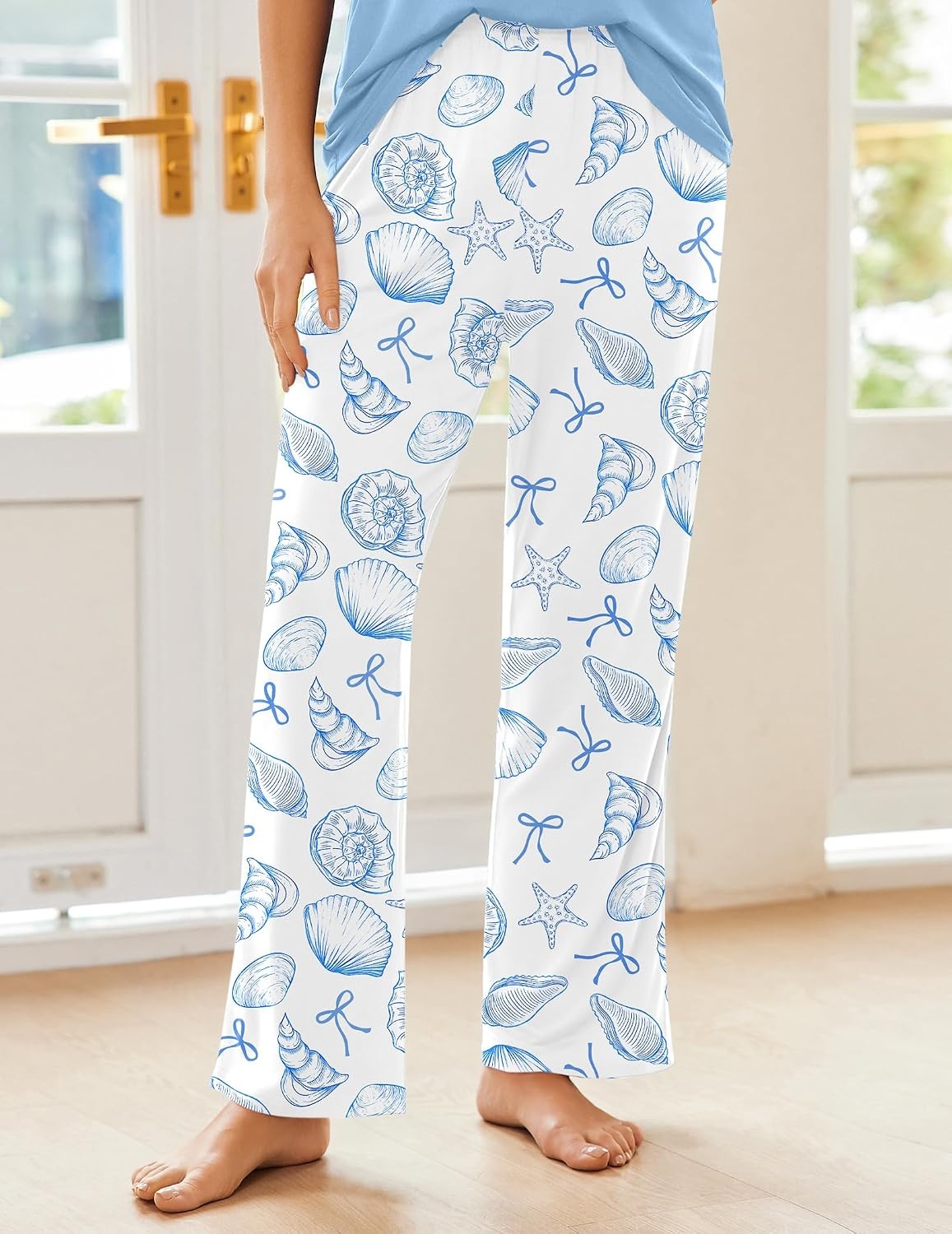 image:imageEkouaer Pajama Sets for Women 2 Piece Short Sleeve Pj V Neck Chest PocketWhite Sea Shell