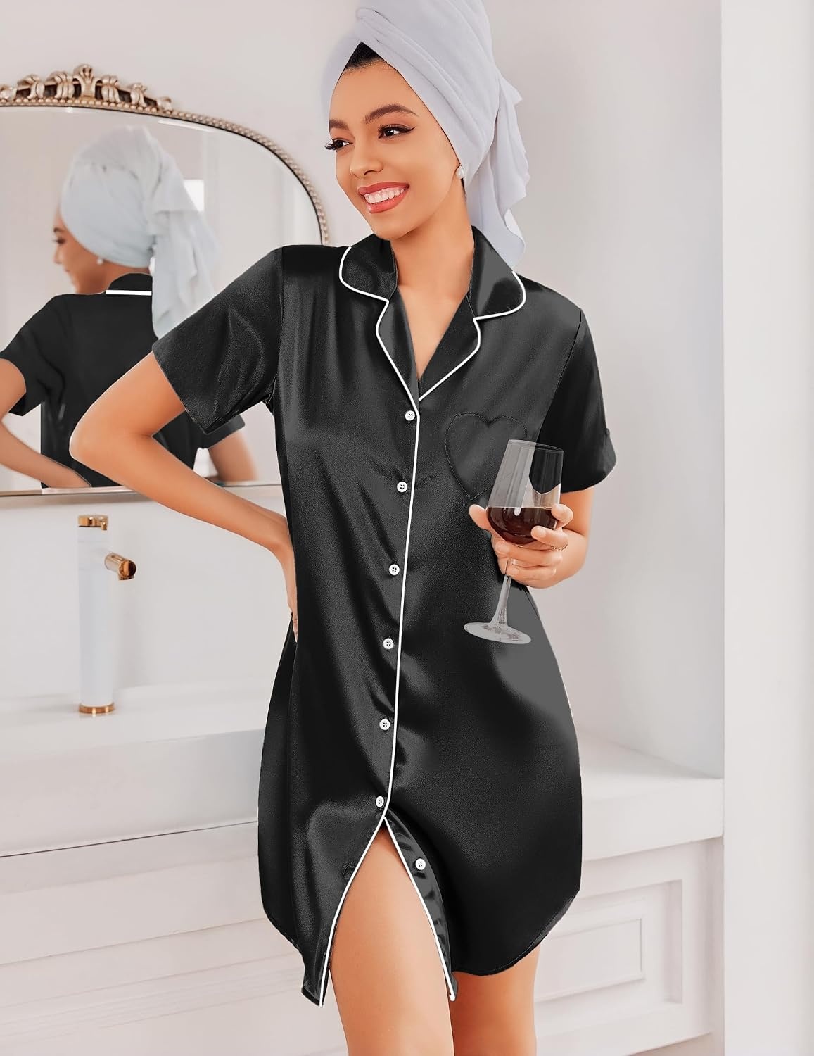 image:imageEkouaer Silk Nightgowns for Women Satin Sleep Shirts Button Down NightshirtBlack