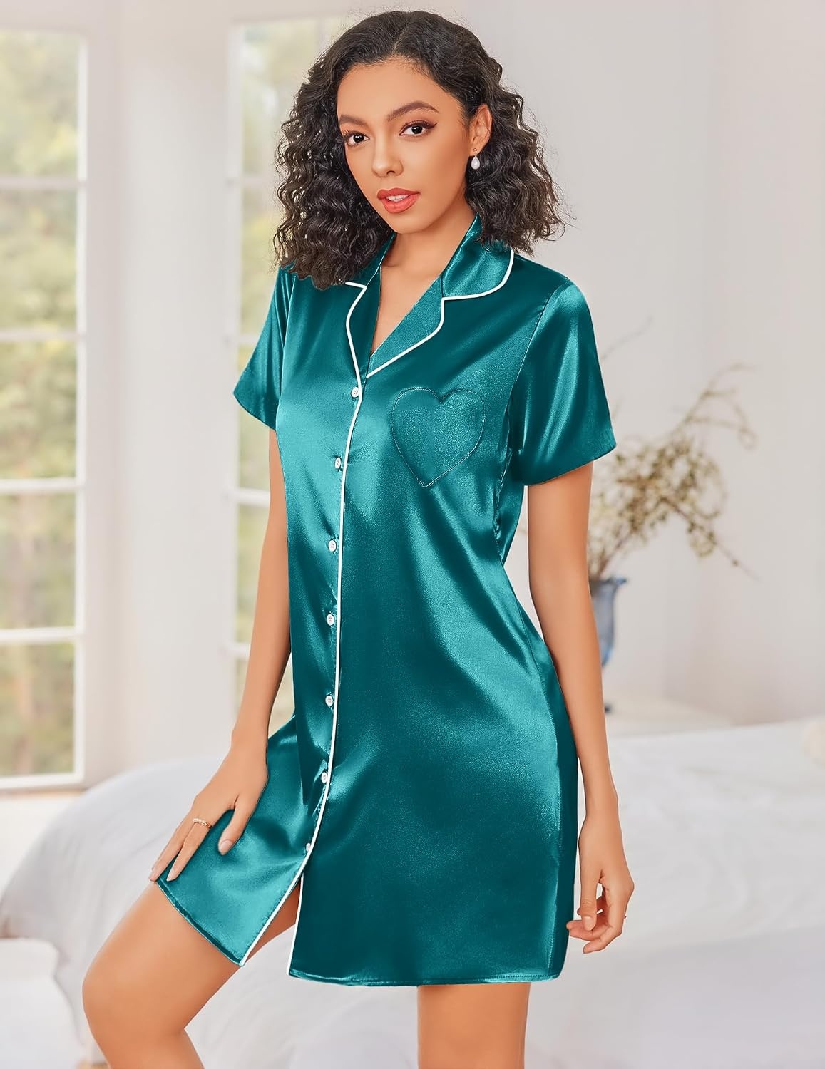 image:imageEkouaer Silk Nightgowns for Women Satin Sleep Shirts Button Down NightshirtBlue Green