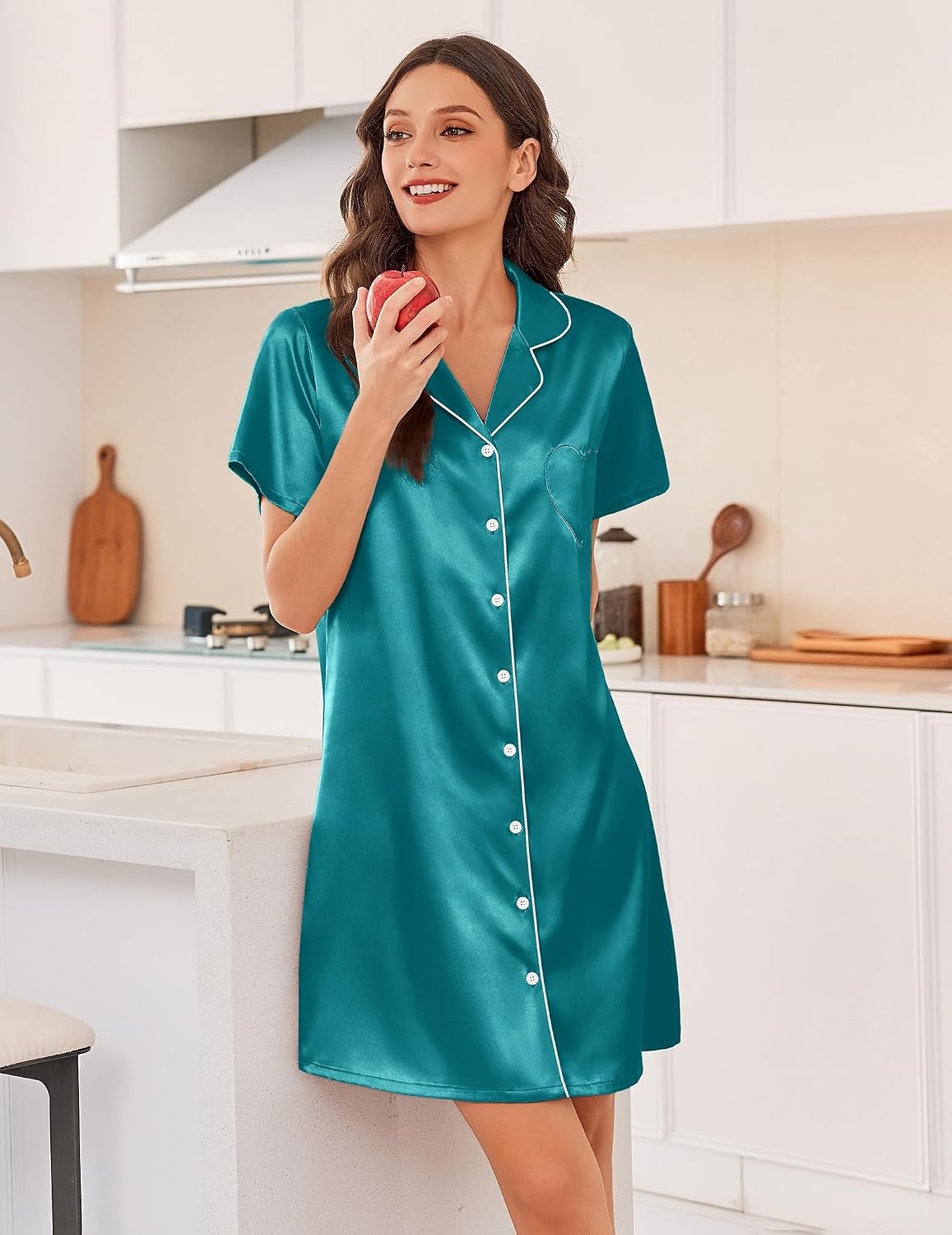 image:imageEkouaer Silk Nightgowns for Women Satin Sleep Shirts Button Down NightshirtBlue Green